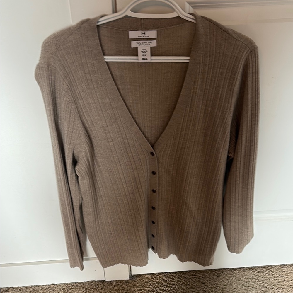 Talbots Tan Cardigan Sweater Ribbed Knit V-Neck